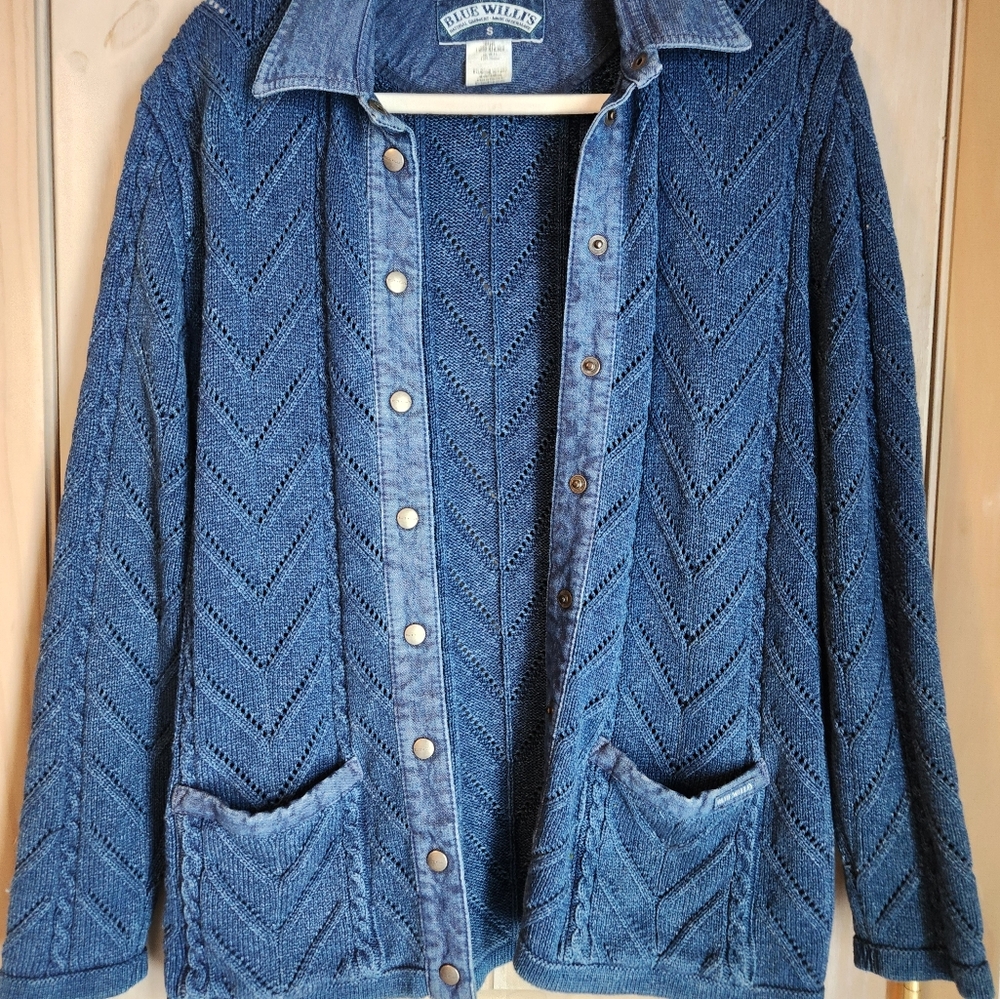 Blue Willi's Indigo Denim Fisherman Button Up Sweater Size Small Made in Denmark